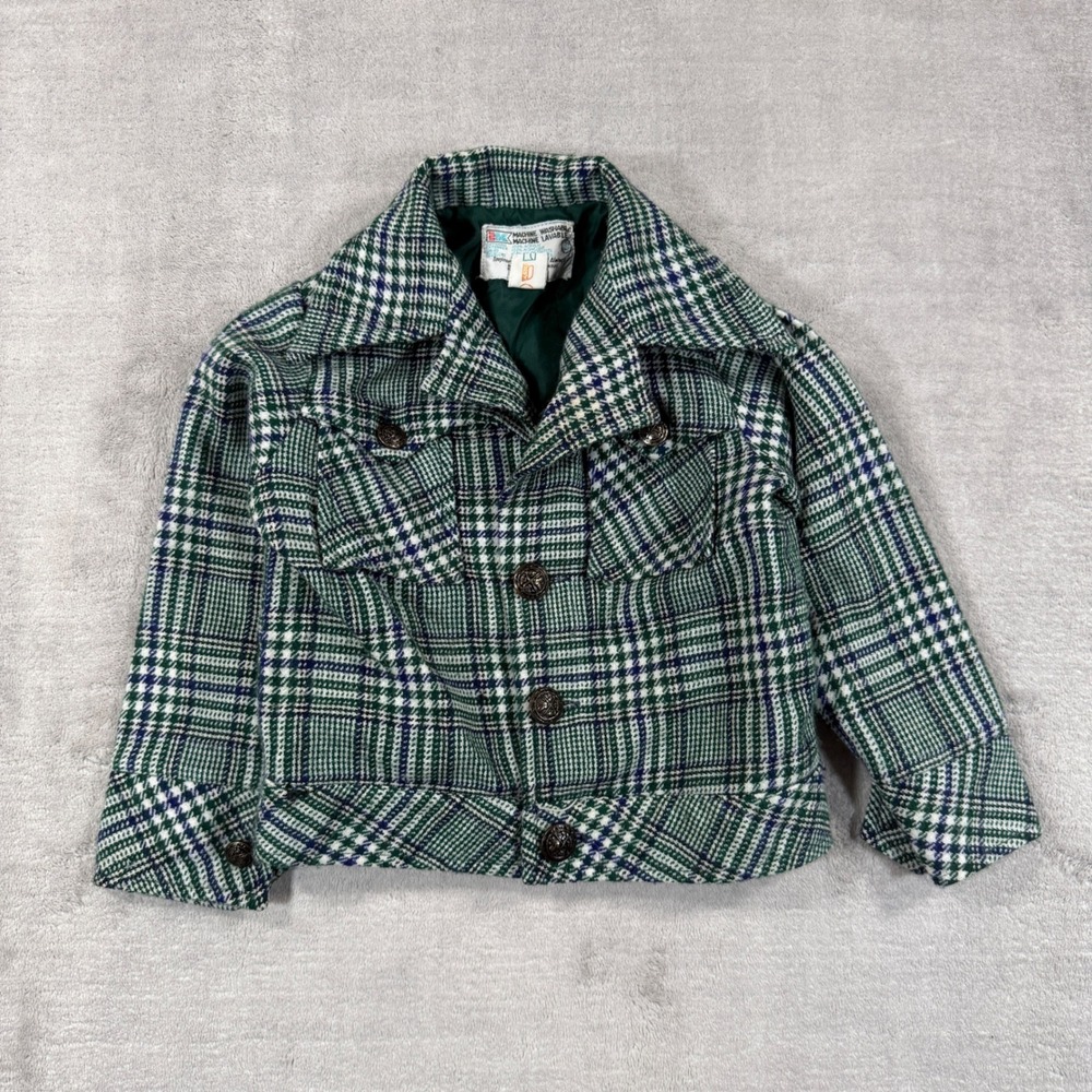 Vintage 1970s Plaid Jacket Kids 3 Green Button Front Pockets Retro Preppy